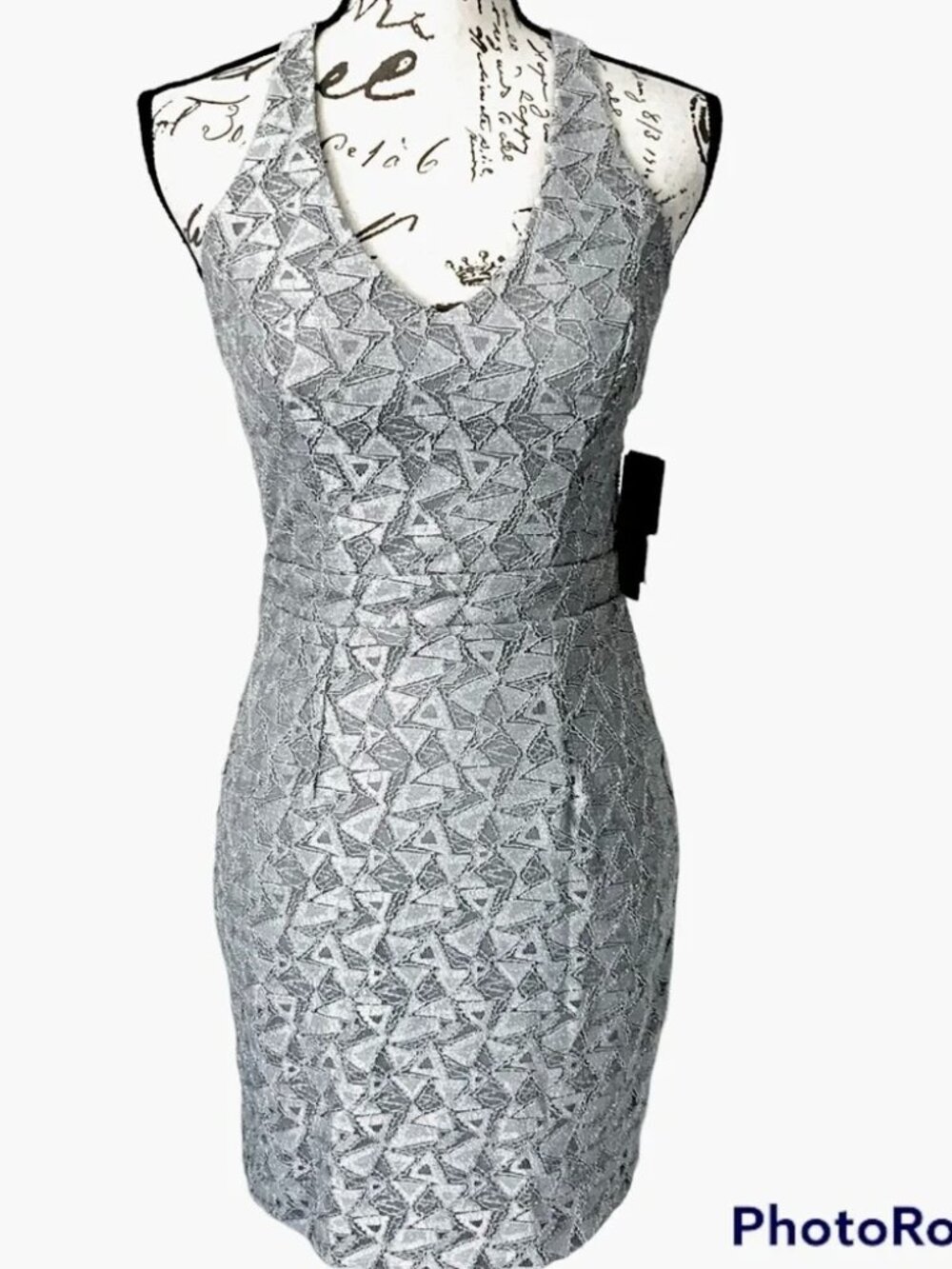City Studio Macys Gray Silver Glitter Allover Lace Sleeveless Halter Dress, sz 1